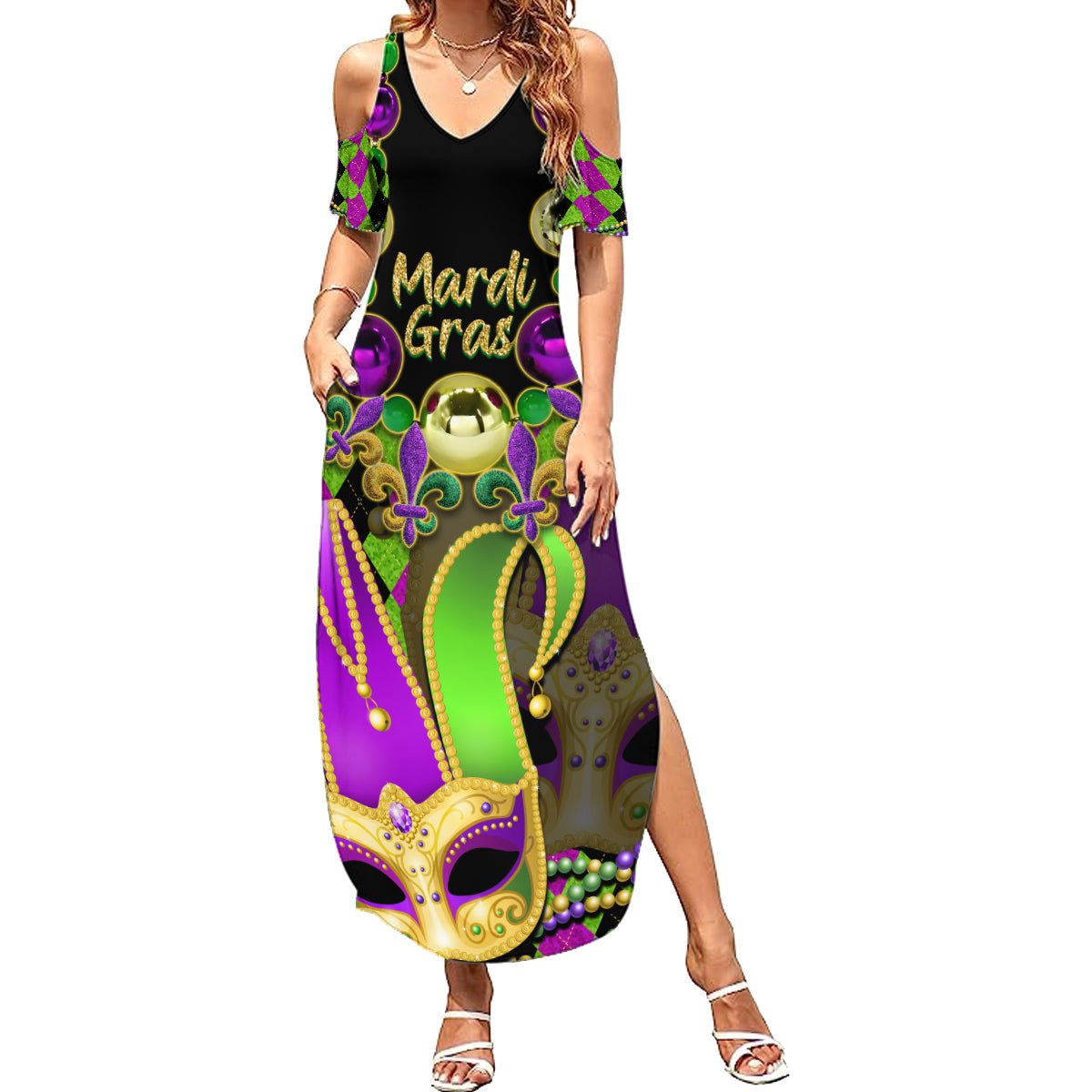 Mardi Gras 2024 Summer Maxi Dress Jester Mask With Beads Colorful Version - Wonder Print Shop