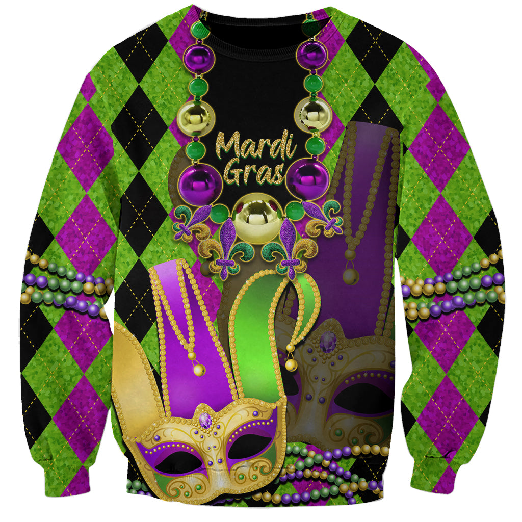 Unisex Mardi Gras sweatshirt with black base, green/purple diamond sleeves, jester mask and beads