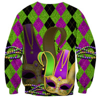 Unisex Mardi Gras sweatshirt with green/purple argyle pattern, jester mask graphic and bead strings