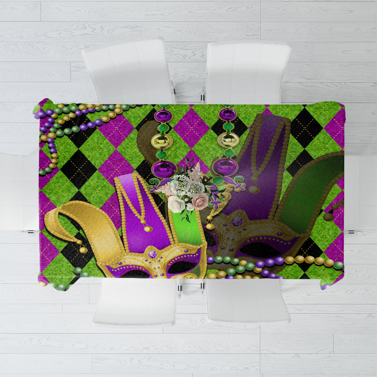 Colorful Mardi Gras tablecloth with green and purple jester mask graphics and bead fringe accents
