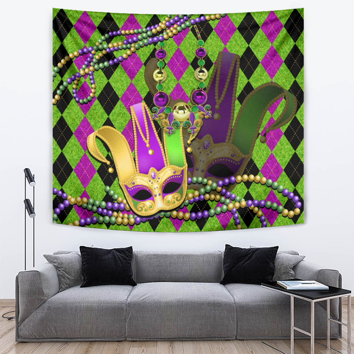 Colorful jester mask tapestry with purple, green, and gold beads and hanging tassels