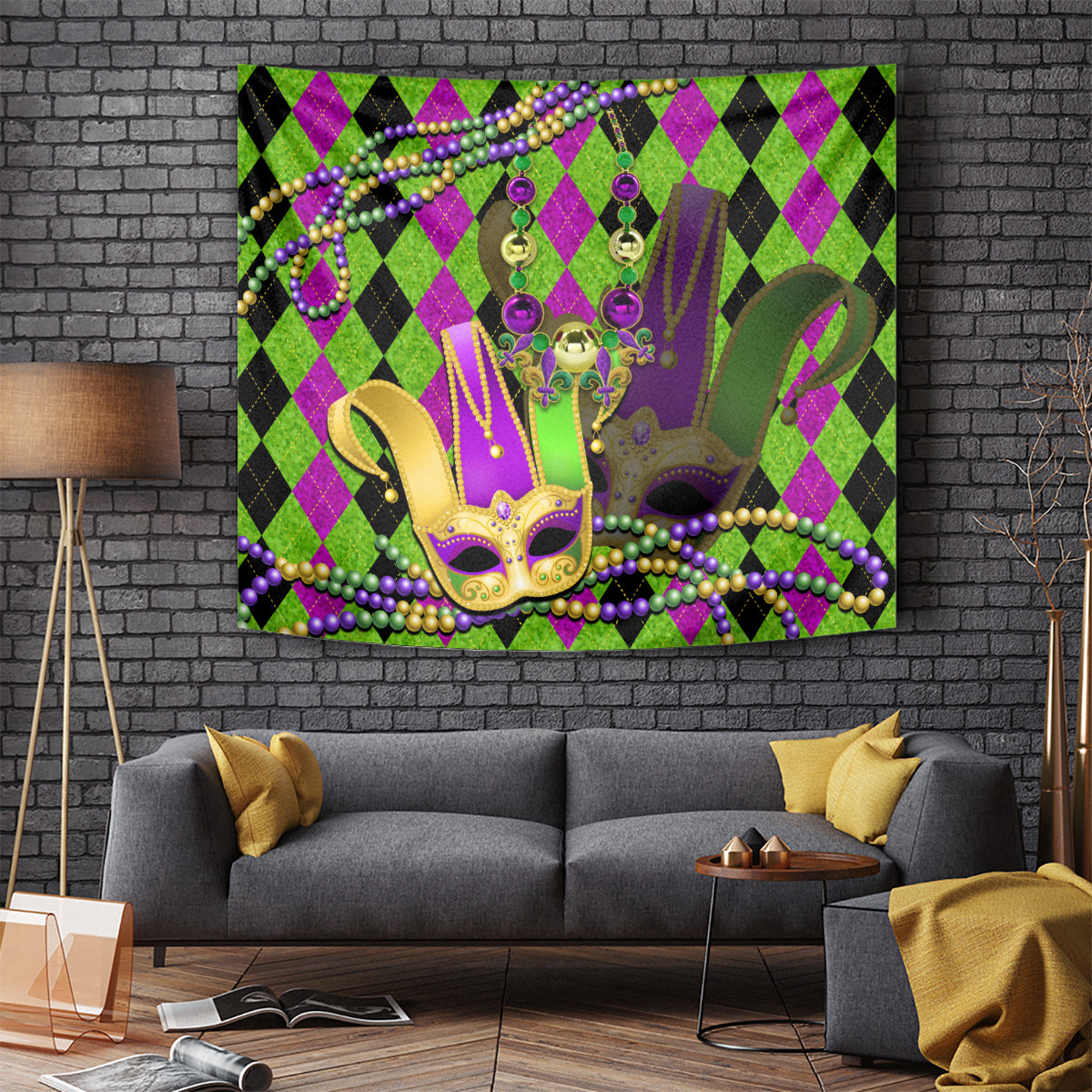 Square jester mask wall tapestry with green and purple argyle pattern and multicolor bead trim