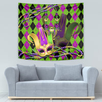 Jester mask wall tapestry with gold mask, purple flowers, and pearl-like bead strands