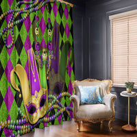 Mardi Gras jester mask window curtain panel with hanging bead strands and purple green