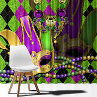 Mardi Gras jester mask window curtain detail with green and purple diamond pattern