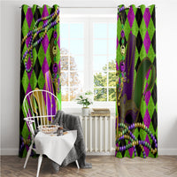 Mardi Gras jester mask window curtain panels with purple green diamonds and gold mask