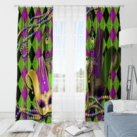 Mardi Gras jester mask window curtain set with bead strands and purple green diamond pattern