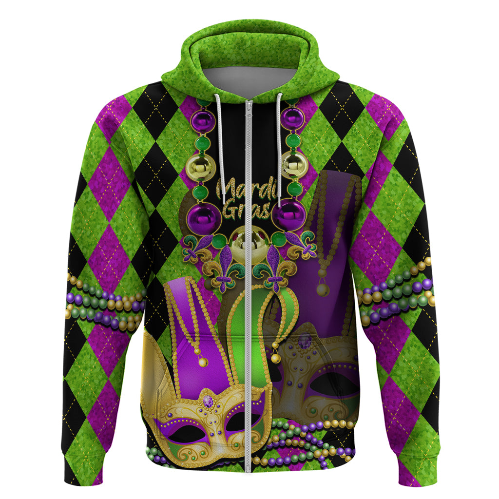 Green zip hoodie with colorful jester mask and beads graphic, black-purple diamond pattern