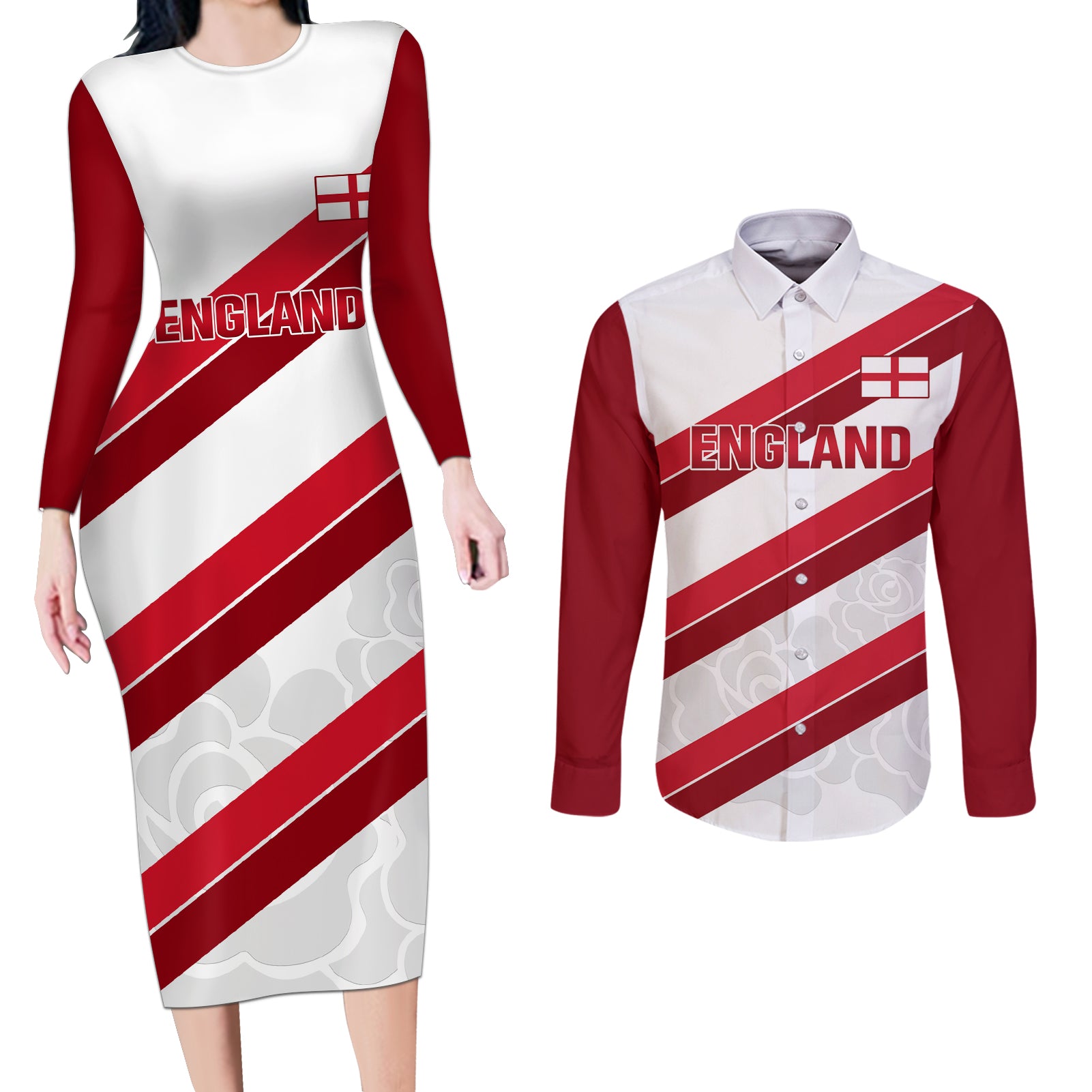 Custom England Rugby Couples Matching Long Sleeve Bodycon Dress and Long Sleeve Button Shirt 2024 Go Champions Red Rose Sporty Version - Wonder Print Shop