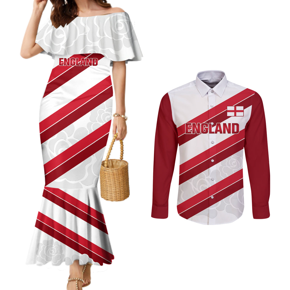 custom-england-rugby-couples-matching-mermaid-dress-and-long-sleeve-button-shirt-2024-go-champions-red-rose-sporty-version