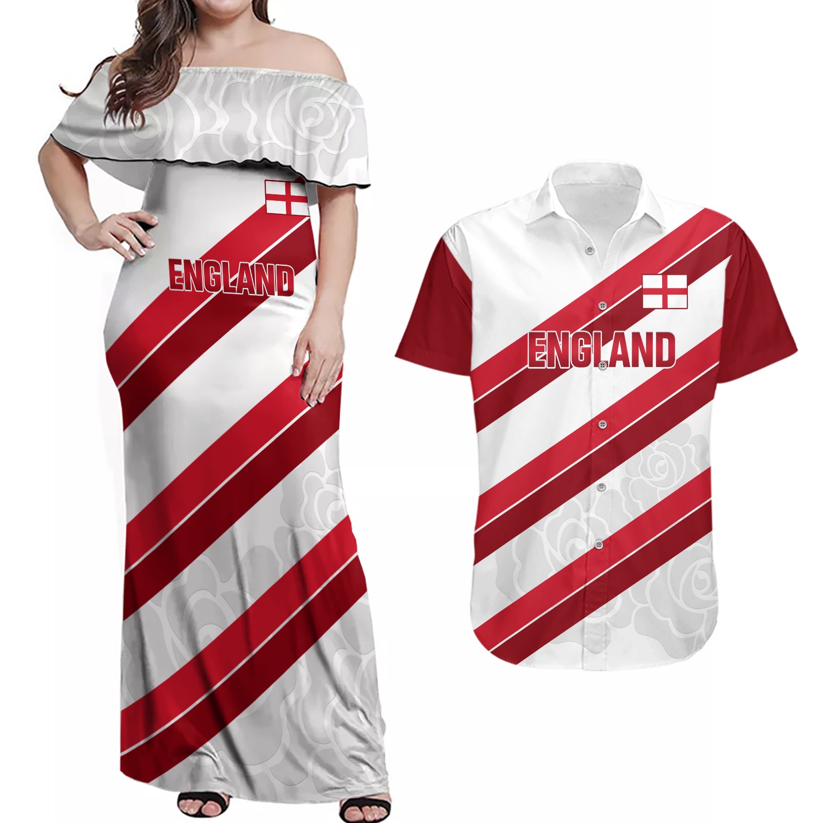 Custom England Rugby Couples Matching Off Shoulder Maxi Dress and Hawaiian Shirt 2024 Go Champions Red Rose Sporty Version - Wonder Print Shop