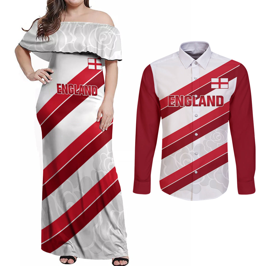 Custom England Rugby Couples Matching Off Shoulder Maxi Dress and Long Sleeve Button Shirt 2024 Go Champions Red Rose Sporty Version - Wonder Print Shop