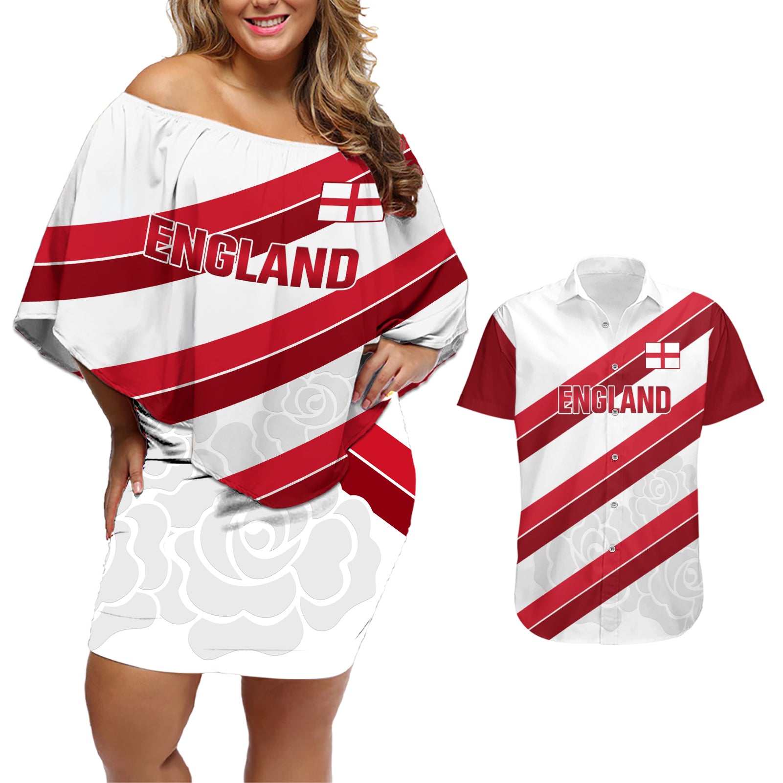 Custom England Rugby Couples Matching Off Shoulder Short Dress and Hawaiian Shirt 2024 Go Champions Red Rose Sporty Version - Wonder Print Shop