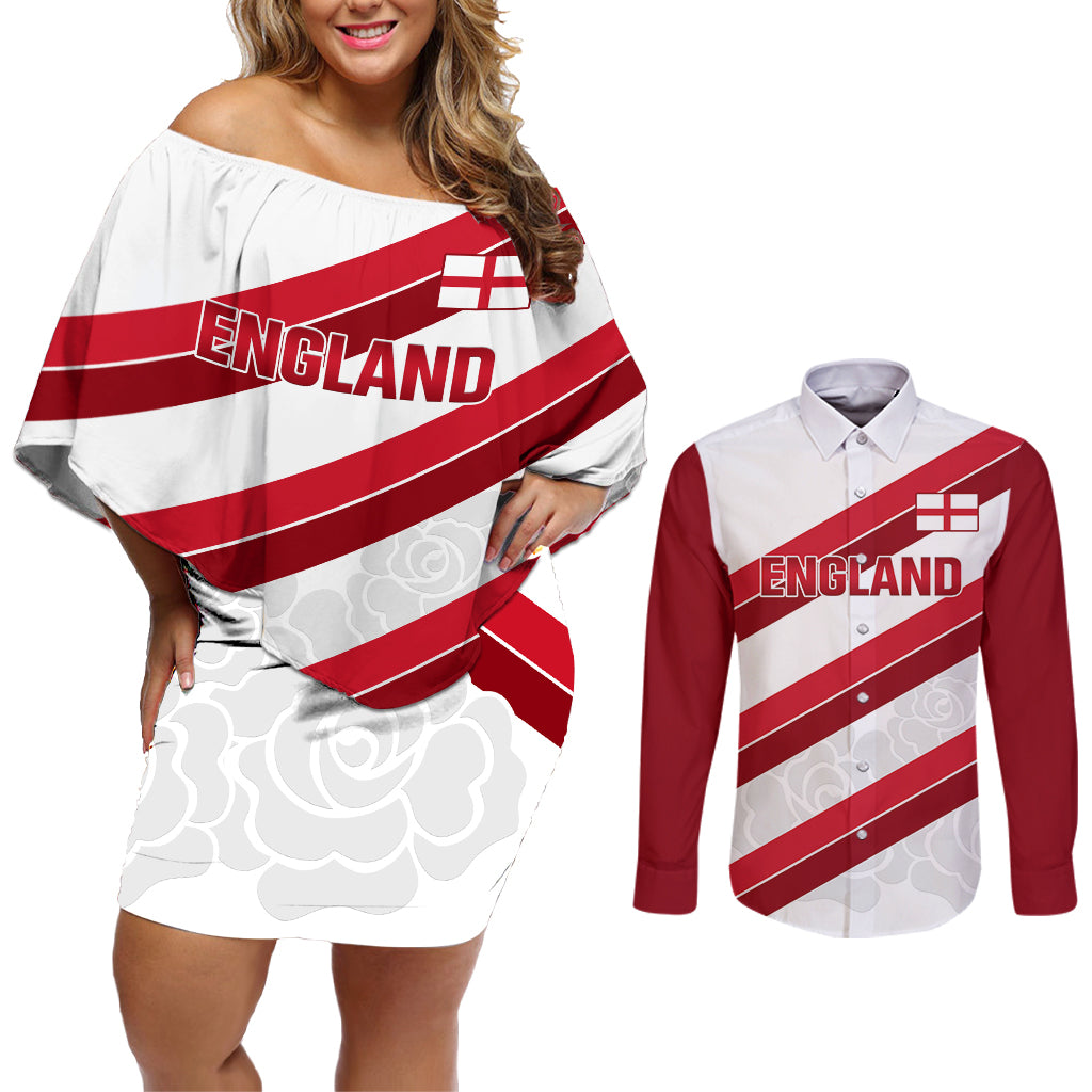 Custom England Rugby Couples Matching Off Shoulder Short Dress and Long Sleeve Button Shirt 2024 Go Champions Red Rose Sporty Version - Wonder Print Shop