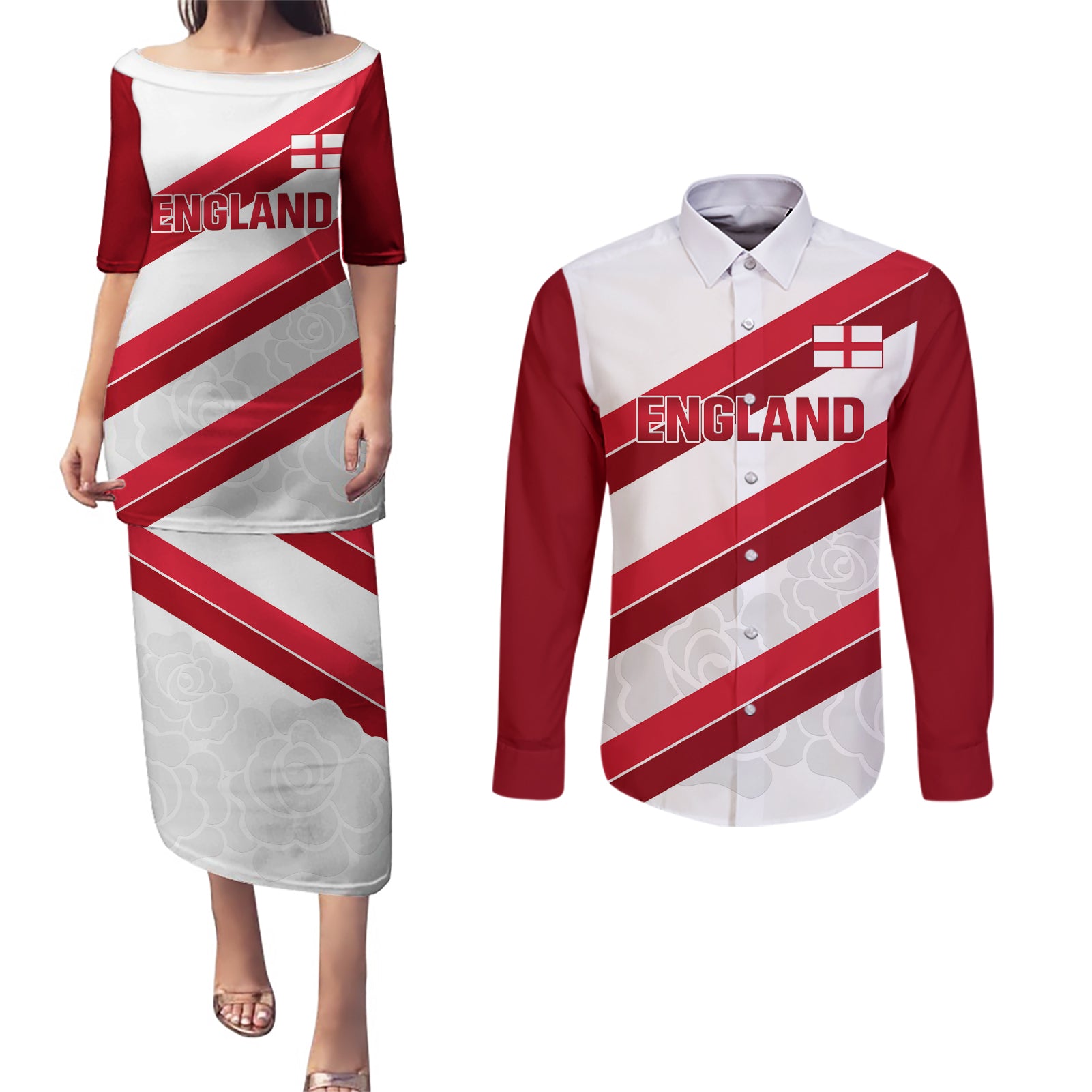 Custom England Rugby Couples Matching Puletasi and Long Sleeve Button Shirt 2024 Go Champions Red Rose Sporty Version - Wonder Print Shop