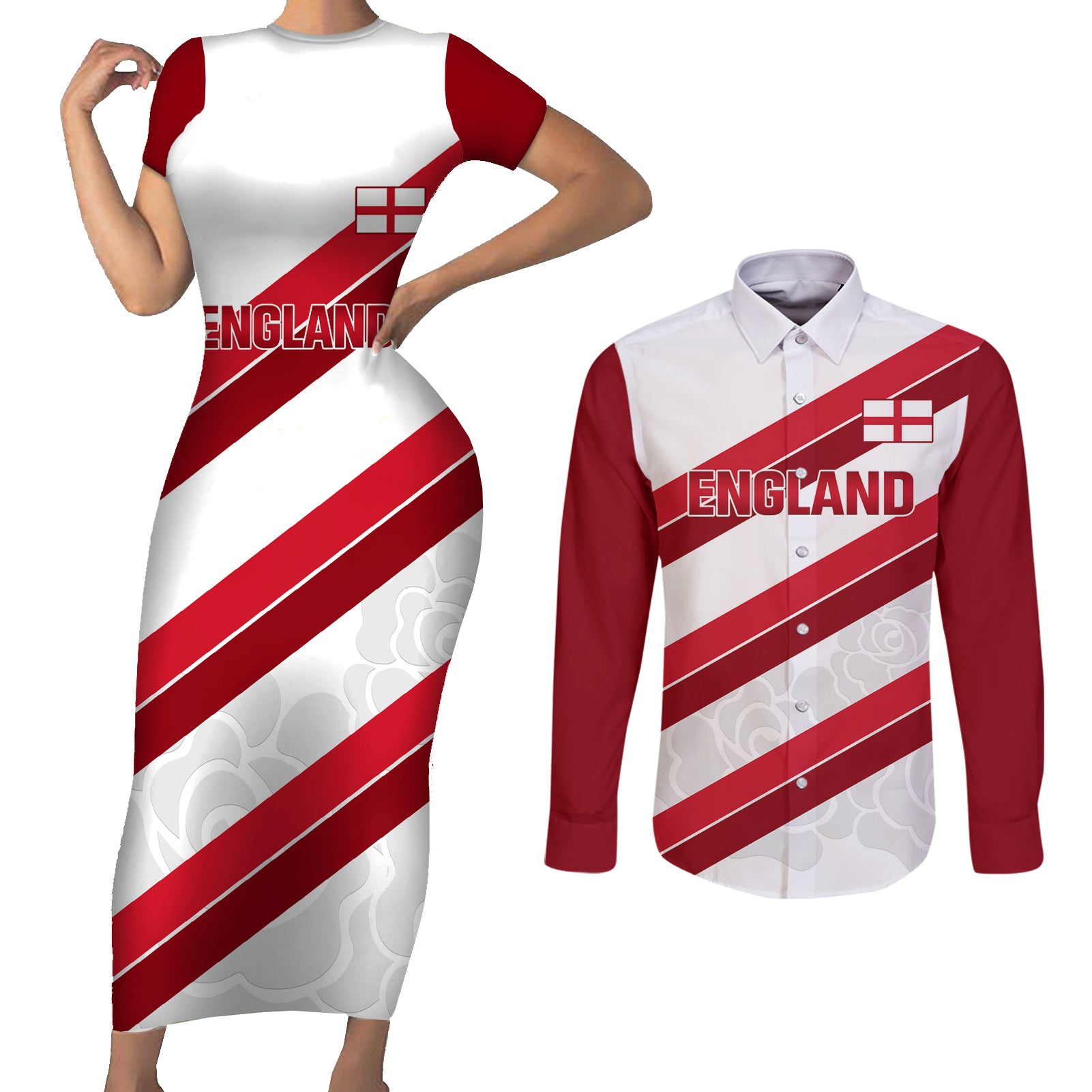 Custom England Rugby Couples Matching Short Sleeve Bodycon Dress and Long Sleeve Button Shirt 2024 Go Champions Red Rose Sporty Version - Wonder Print Shop