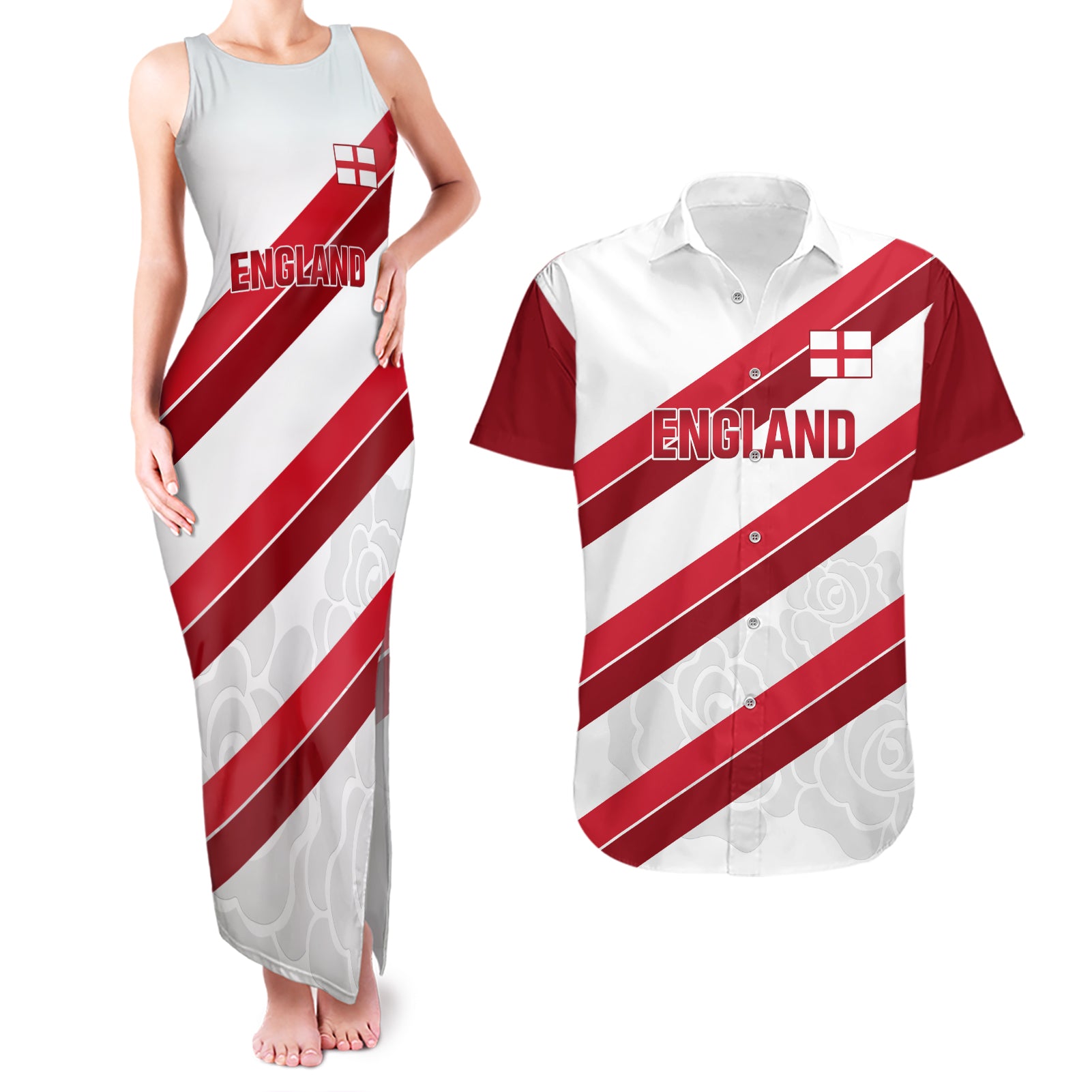 Custom England Rugby Couples Matching Tank Maxi Dress and Hawaiian Shirt 2024 Go Champions Red Rose Sporty Version - Wonder Print Shop