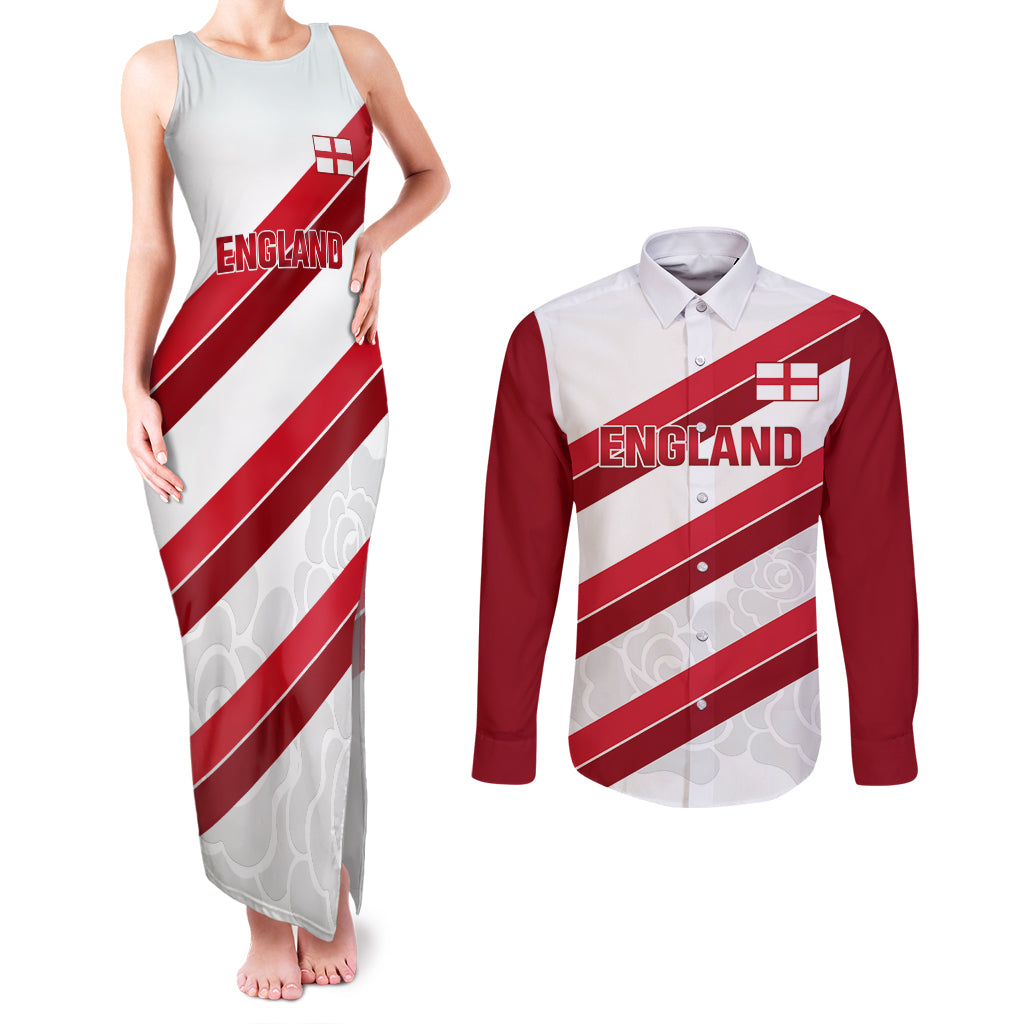 Custom England Rugby Couples Matching Tank Maxi Dress and Long Sleeve Button Shirt 2024 Go Champions Red Rose Sporty Version - Wonder Print Shop