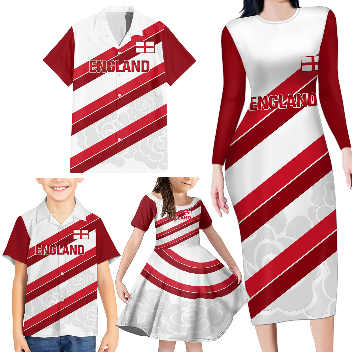 Custom England Rugby Family Matching Long Sleeve Bodycon Dress and Hawaiian Shirt 2024 Go Champions Red Rose Sporty Version - Wonder Print Shop