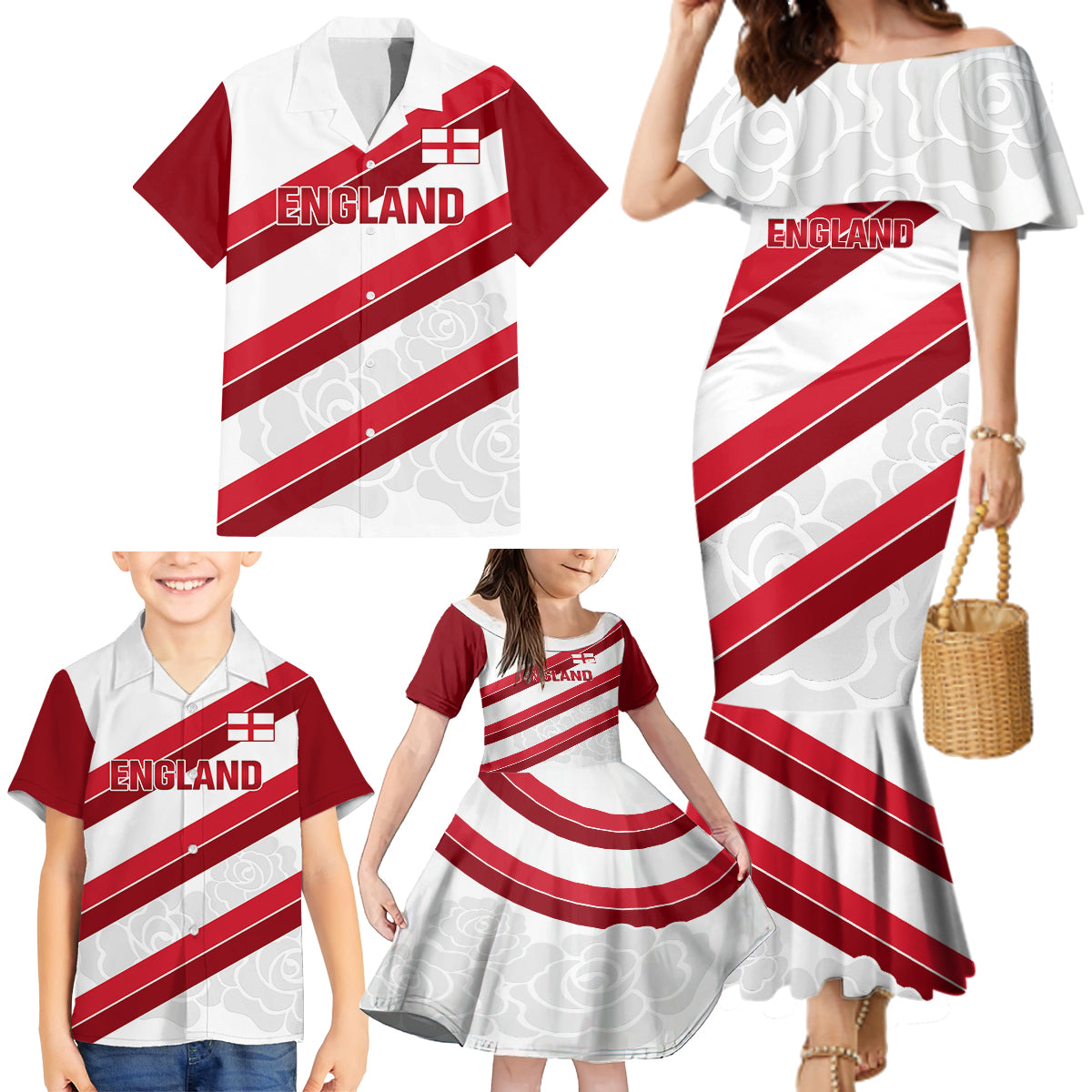 Custom England Rugby Family Matching Mermaid Dress and Hawaiian Shirt 2024 Go Champions Red Rose Sporty Version - Wonder Print Shop