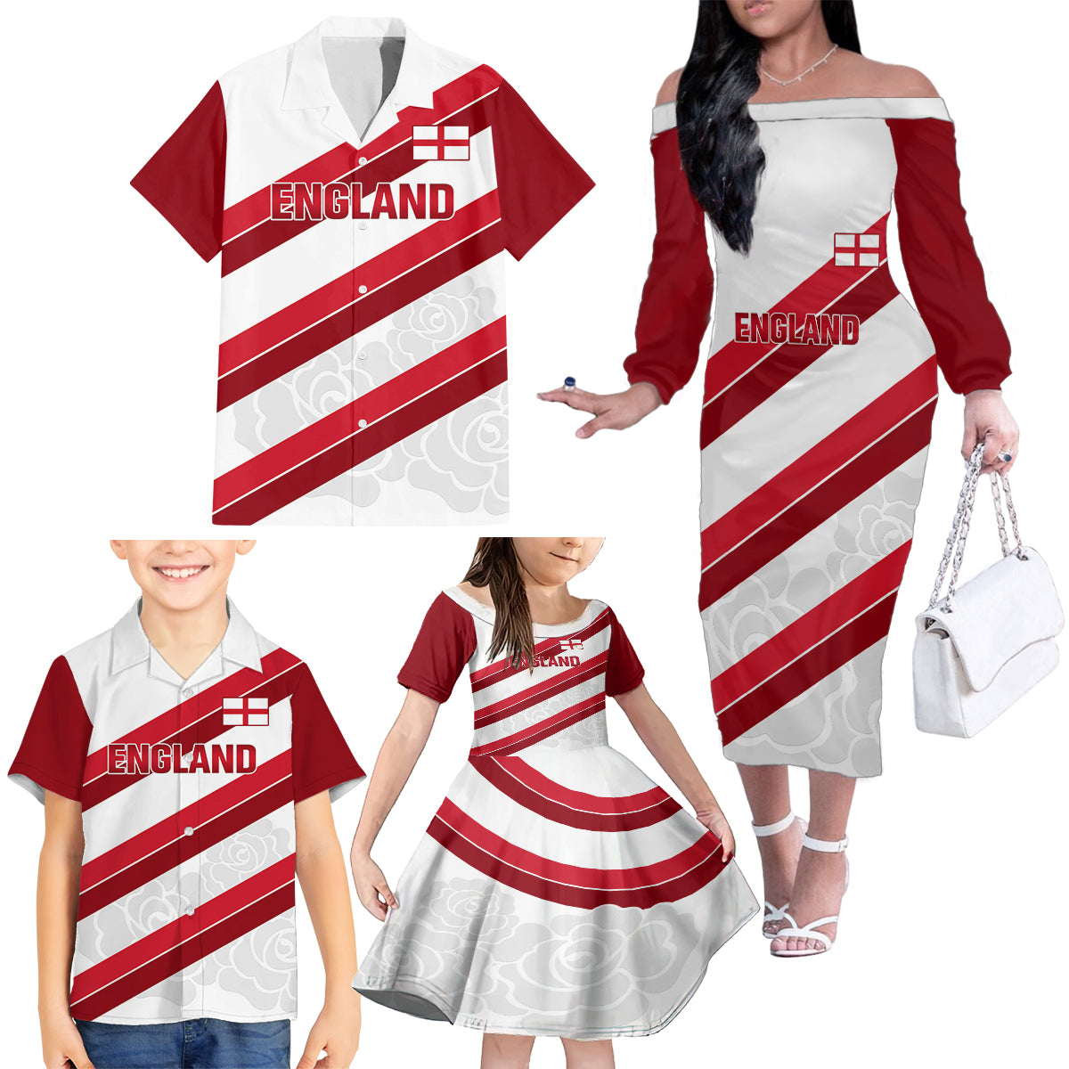 Custom England Rugby Family Matching Off Shoulder Long Sleeve Dress and Hawaiian Shirt 2024 Go Champions Red Rose Sporty Version - Wonder Print Shop