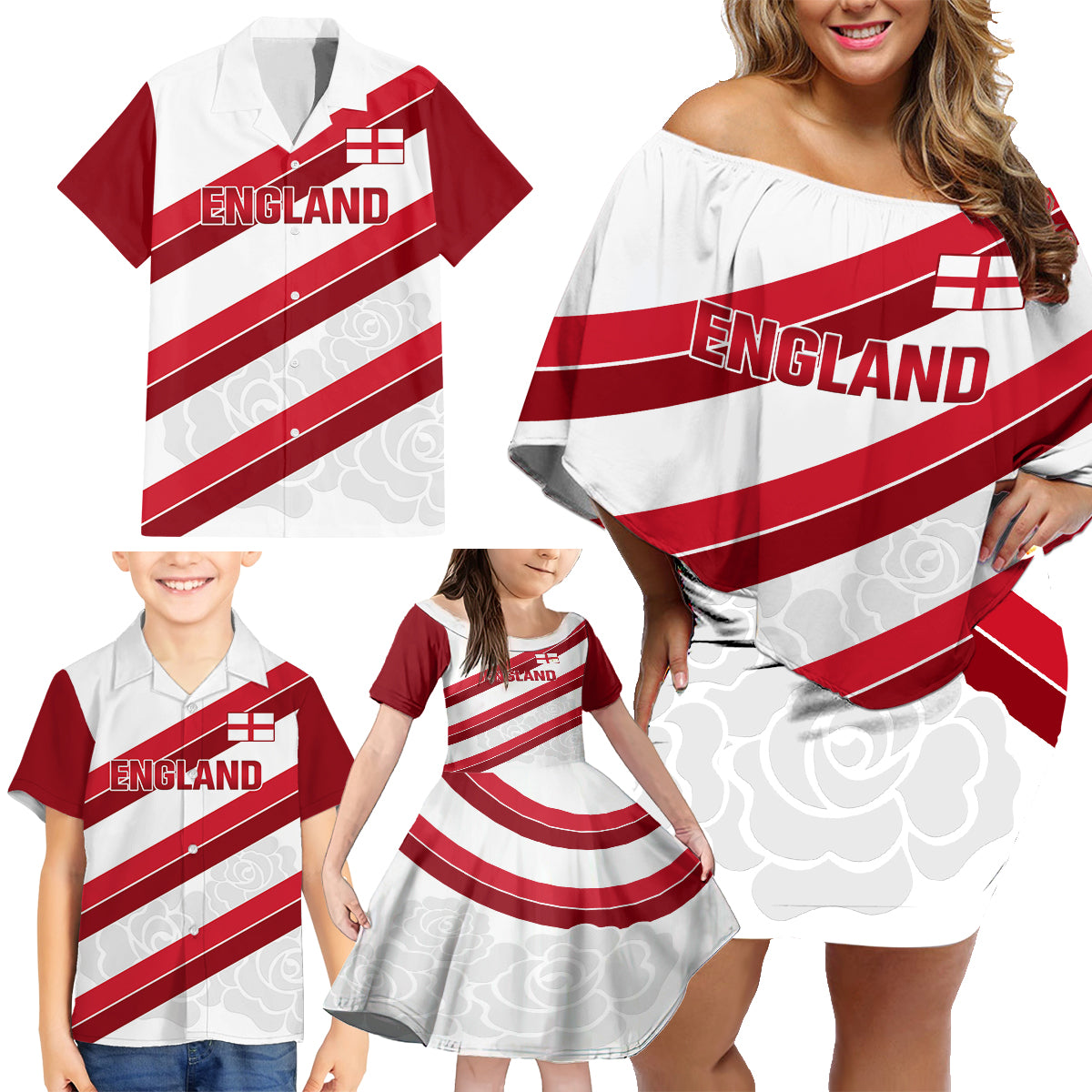 Custom England Rugby Family Matching Off Shoulder Short Dress and Hawaiian Shirt 2024 Go Champions Red Rose Sporty Version - Wonder Print Shop