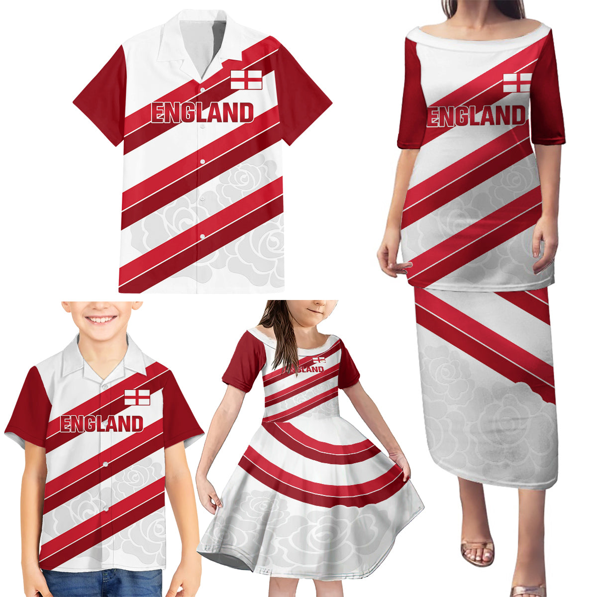 Custom England Rugby Family Matching Puletasi and Hawaiian Shirt 2024 Go Champions Red Rose Sporty Version - Wonder Print Shop