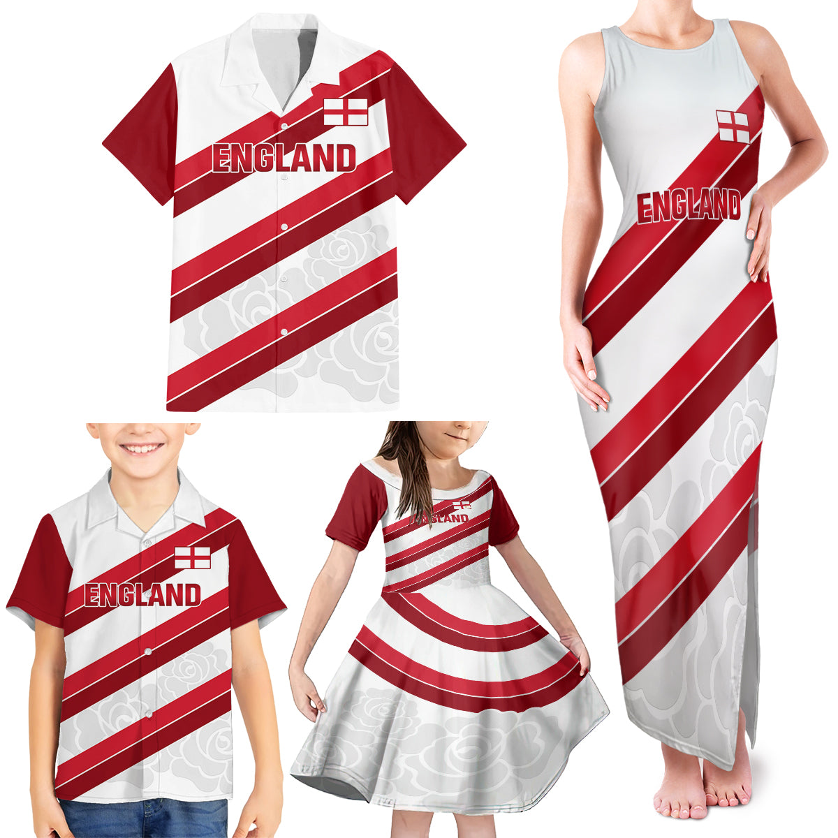 Custom England Rugby Family Matching Tank Maxi Dress and Hawaiian Shirt 2024 Go Champions Red Rose Sporty Version - Wonder Print Shop