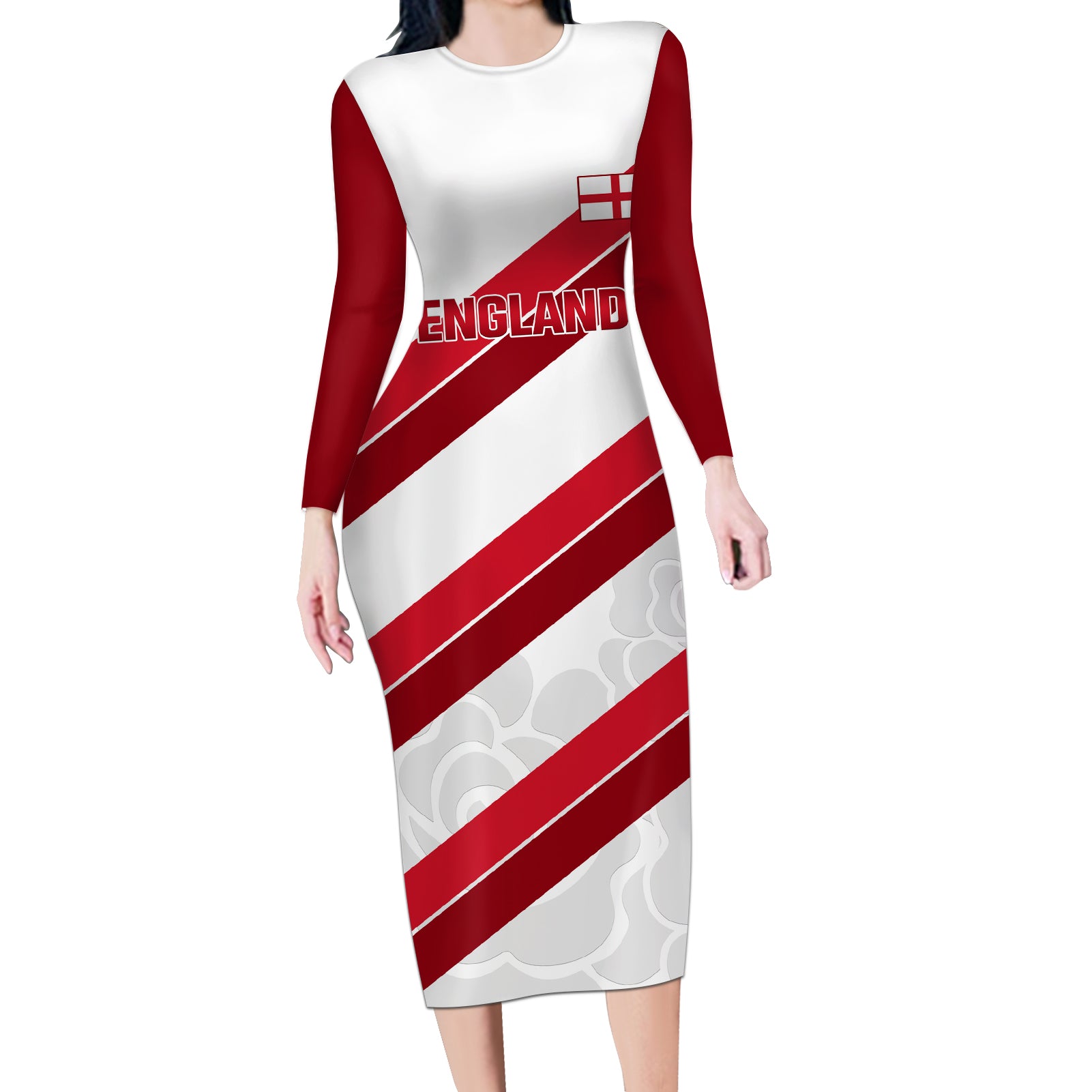 Custom England Rugby Long Sleeve Bodycon Dress 2024 Go Champions Red Rose Sporty Version - Wonder Print Shop