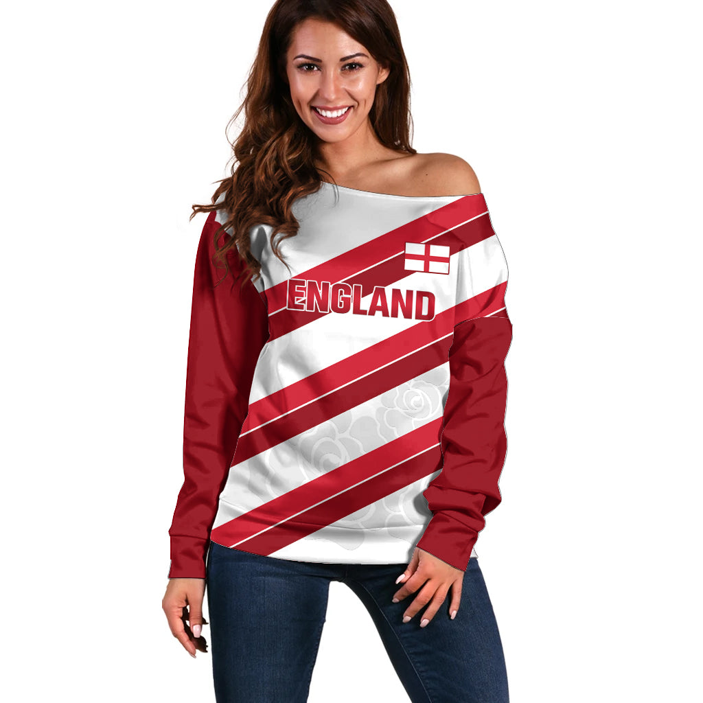 Custom England Rugby Off Shoulder Sweater 2024 Go Champions Red Rose Sporty Version - Wonder Print Shop