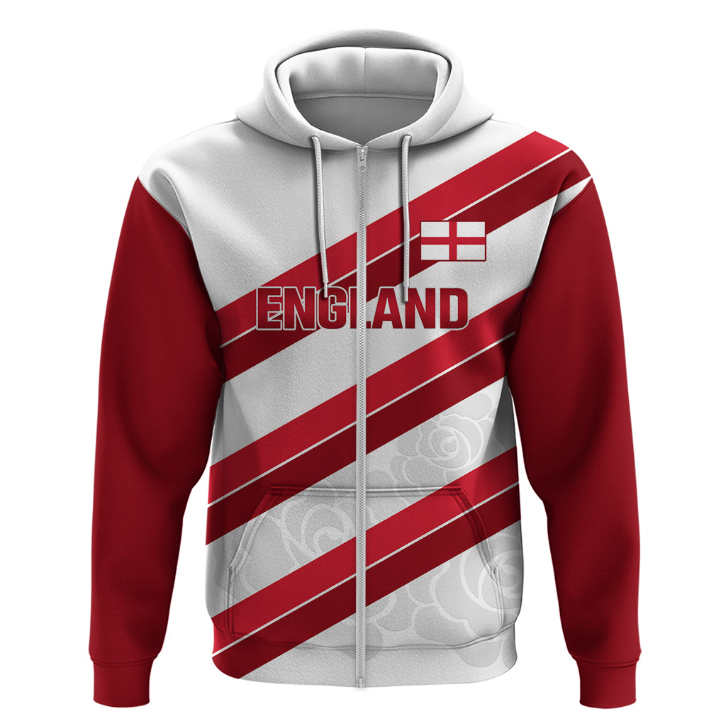 Red and white zip hoodie with England text, diagonal stripes, and hood front