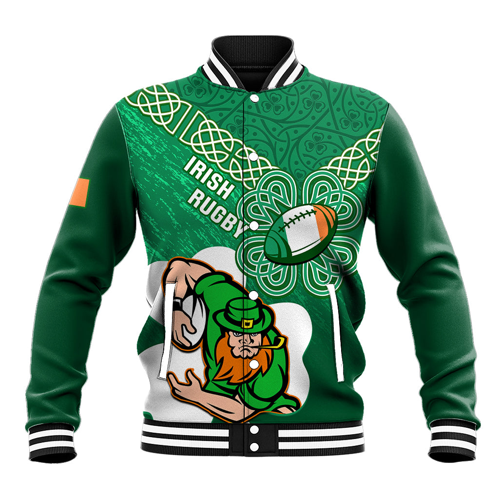 Green rugby baseball jacket with celtic shamrock pattern, front button and striped cuffs