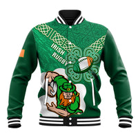 Green rugby baseball jacket with celtic shamrock pattern, front button and striped cuffs