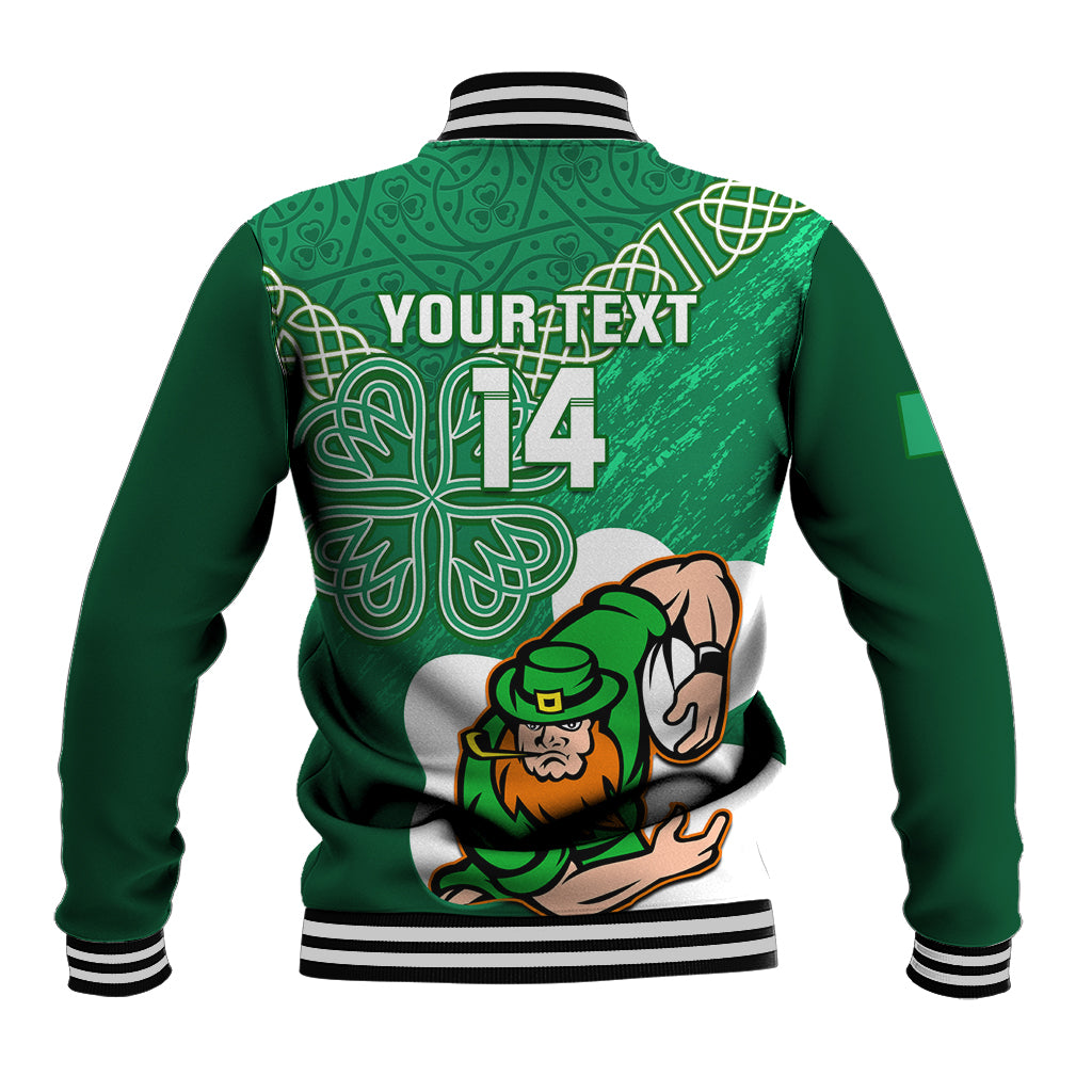 Green rugby baseball jacket back with 'YOUR TEXT' and LT14, celtic shamrock graphic