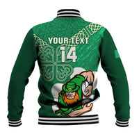 Green rugby baseball jacket back with 'YOUR TEXT' and LT14, celtic shamrock graphic