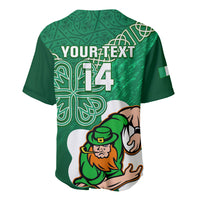 Green rugby baseball jersey back with YOUR TEXT 14, celtic shamrock design, leprechaun