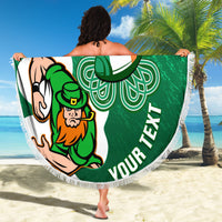 Green round beach blanket with white fringe, rugby crest and Celtic knots with YOUR TEXT