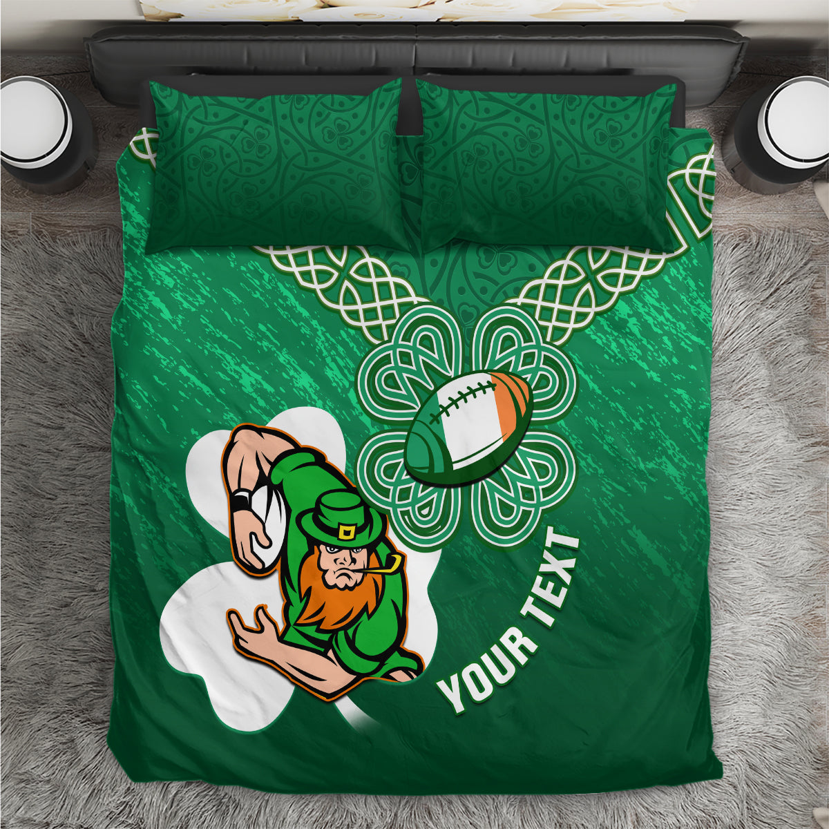Green rugby bedding set with Celtic knot shamrock pattern, football emblem, and player graphic