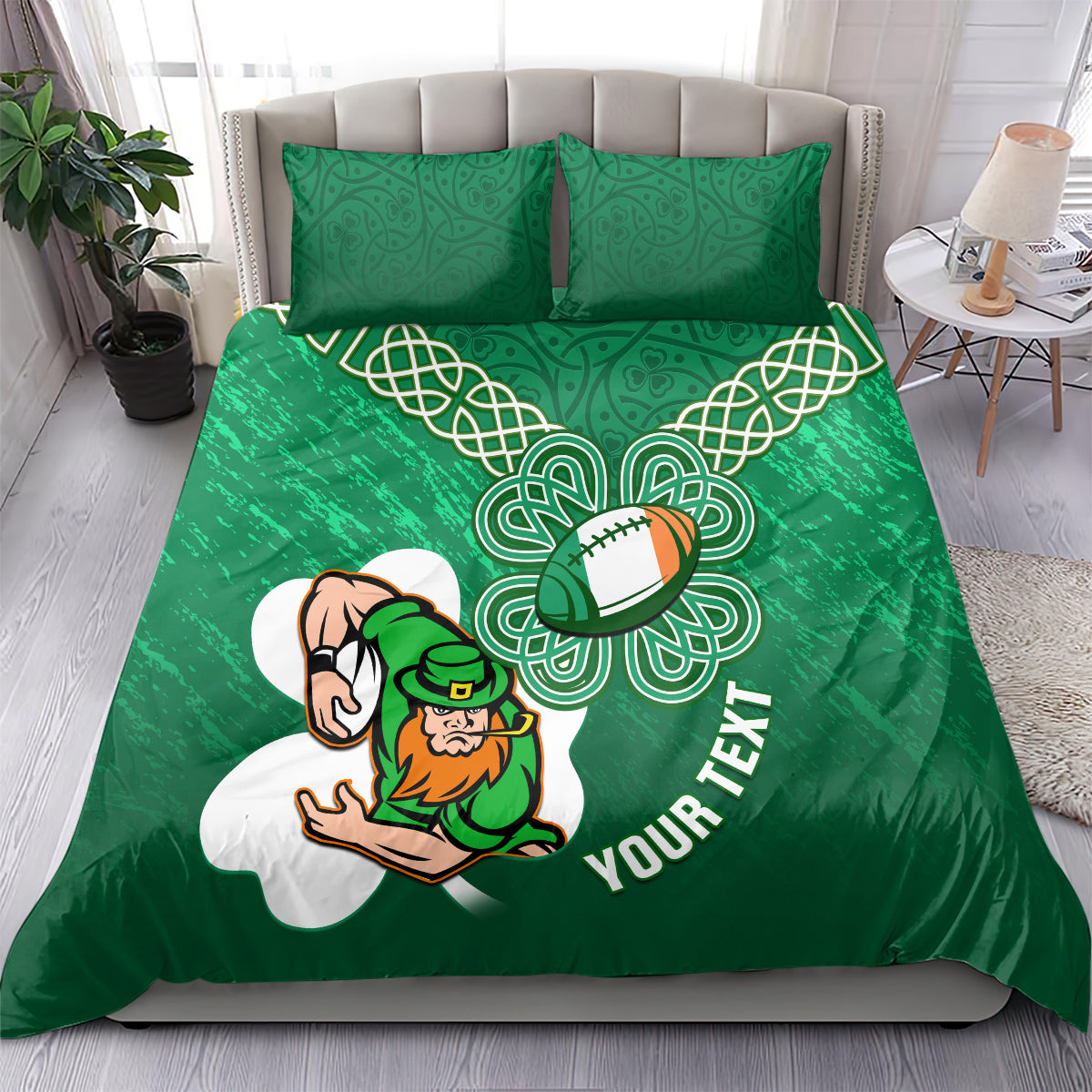 Green rugby bedding set with Celtic knot shamrock design, football emblem, and two matching pillows