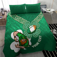 Green rugby bedding set with Celtic knot shamrock pattern, football emblem, and player illustration