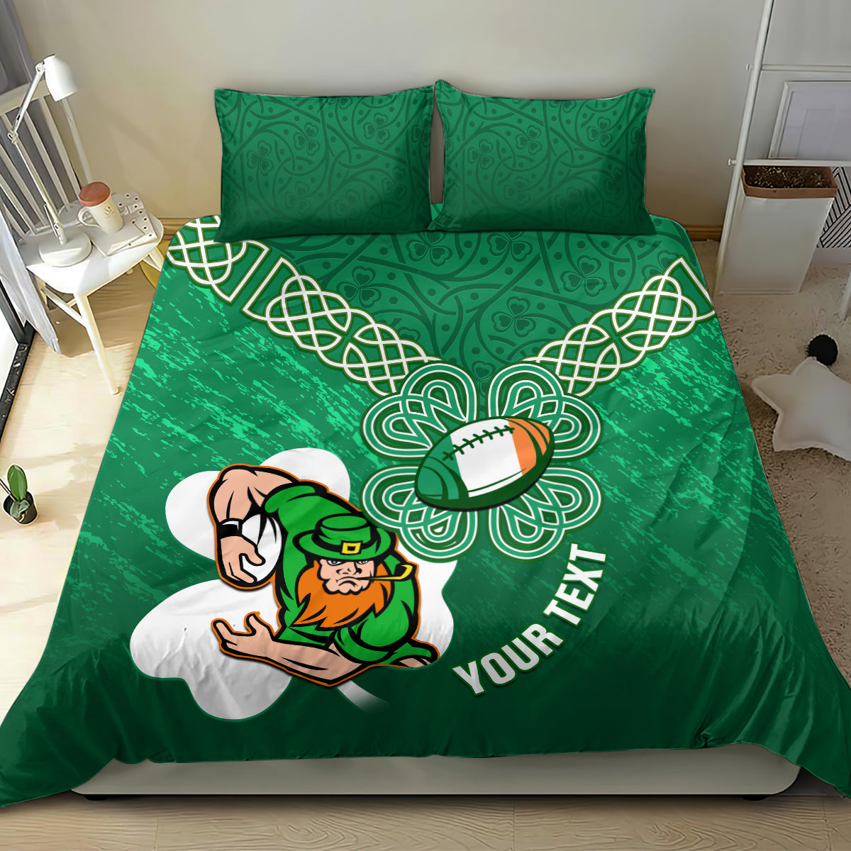 Green rugby bedding set featuring Celtic knot shamrock pattern, football emblem, and two pillows