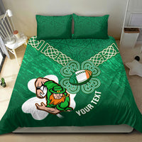 Green rugby bedding set featuring Celtic knot shamrock pattern, football emblem, and two pillows