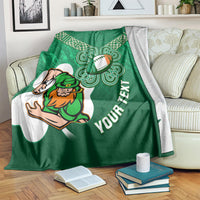 Green rugby blanket with celtic knot shamrock pattern and leprechaun mascot, YOUR TEXT
