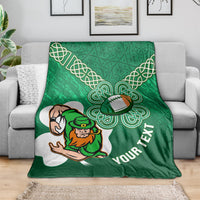 Green rugby blanket on couch with celtic shamrock knot art, leprechaun mascot, YOUR TEXT