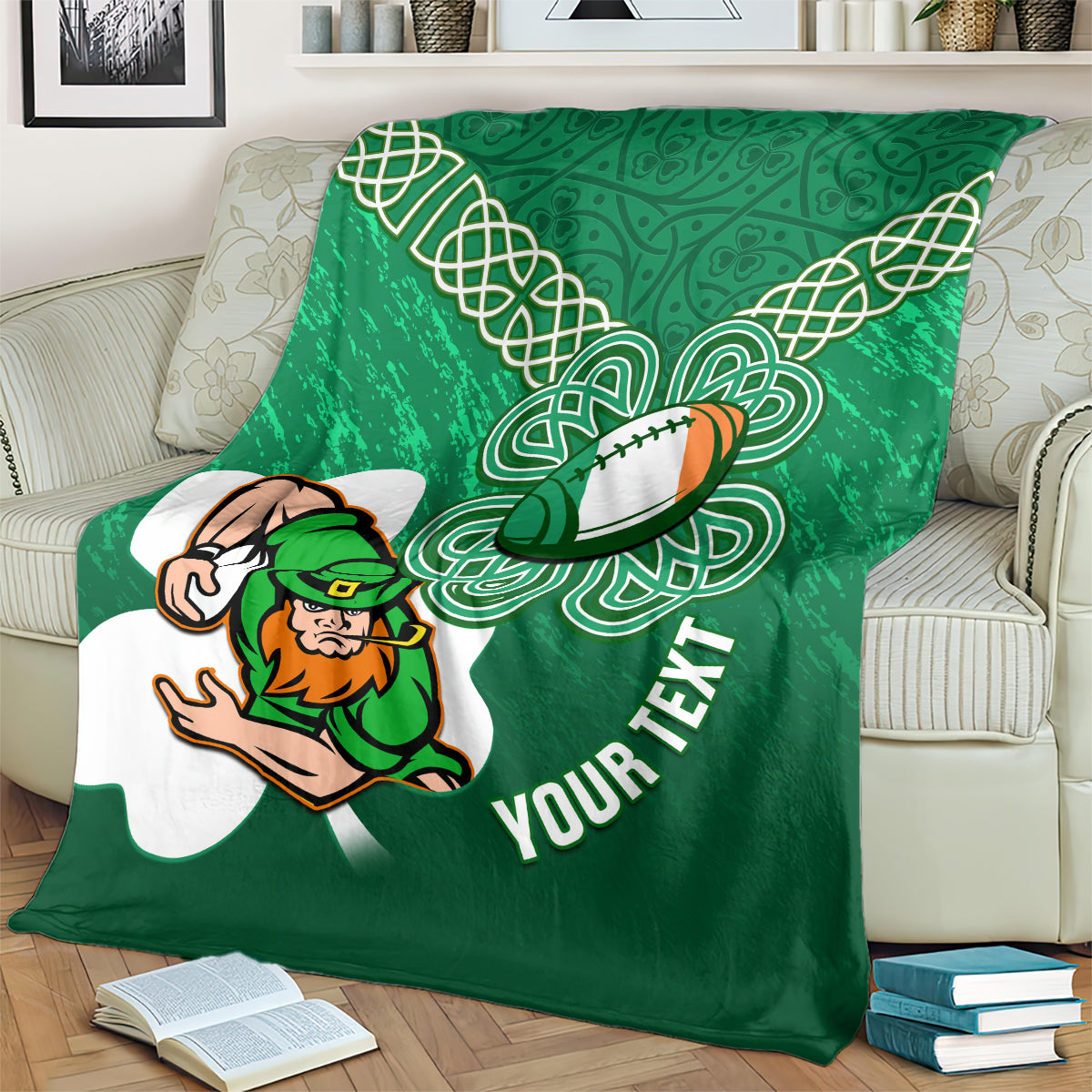 Green rugby blanket on loveseat with celtic shamrock knots and leprechaun rugby mascot, YOUR TEXT
