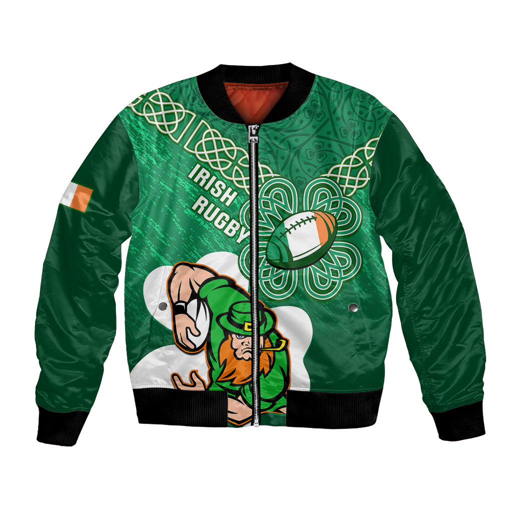 Green bomber jacket with full zip, Irish Rugby and shamrock Celtic pattern graphic