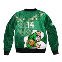 Green bomber jacket back with shamrock Celtic design and leprechaun rugby graphic