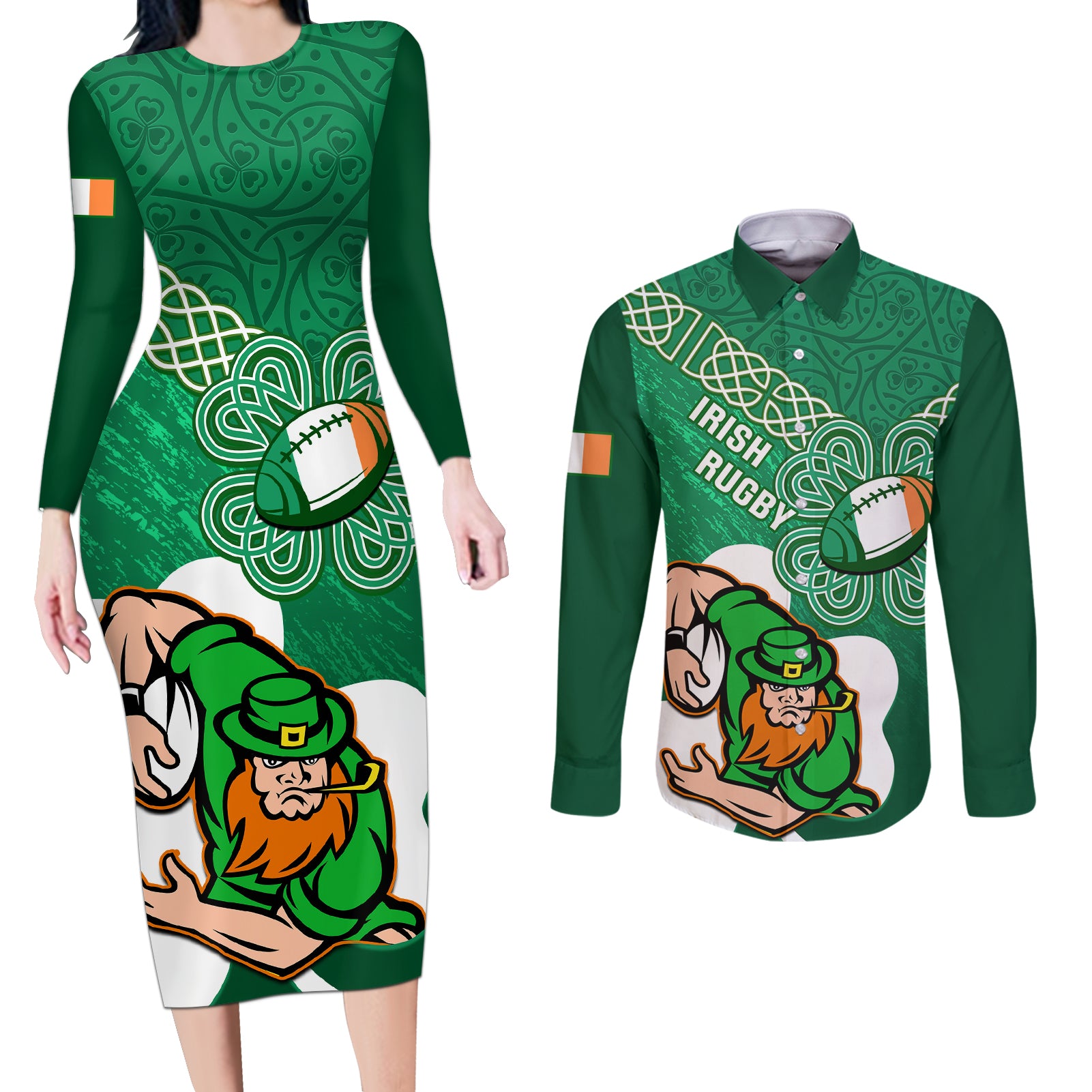 Custom Ireland Rugby Couples Matching Long Sleeve Bodycon Dress and Long Sleeve Button Shirt 2024 Irish Shamrocks With Celtic Pattern - Wonder Print Shop