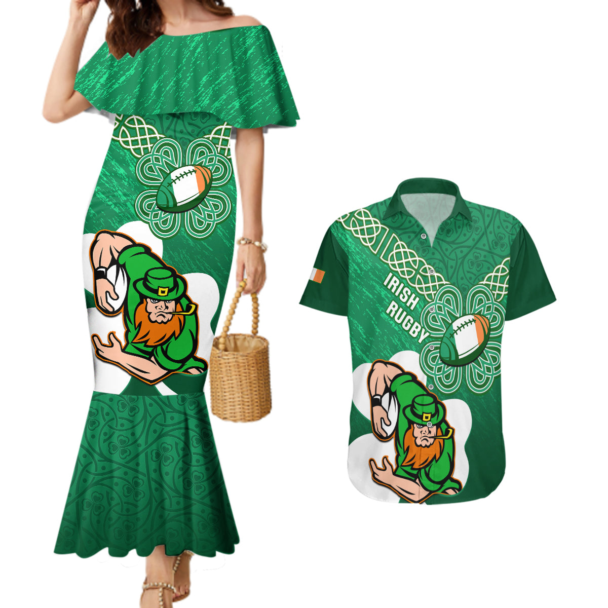 Custom Ireland Rugby Couples Matching Mermaid Dress and Hawaiian Shirt 2024 Irish Shamrocks With Celtic Pattern - Wonder Print Shop