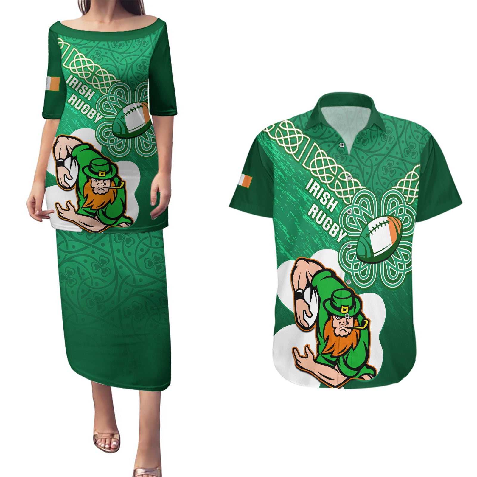 Custom Ireland Rugby Couples Matching Puletasi and Hawaiian Shirt 2024 Irish Shamrocks With Celtic Pattern - Wonder Print Shop